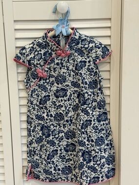 Girls Navy Floral Print Cheongsam Dress with Pink Trim
